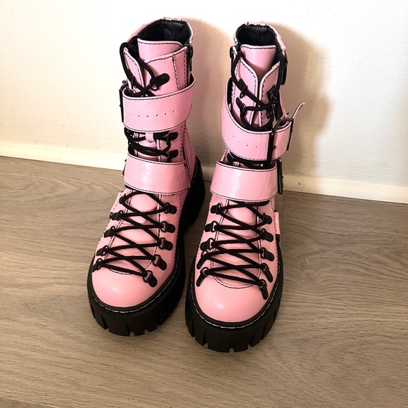 Club Exx Shoes - Club Exx Pink Platform Combat Boots - Women's Chunky Lace-Up Boots
